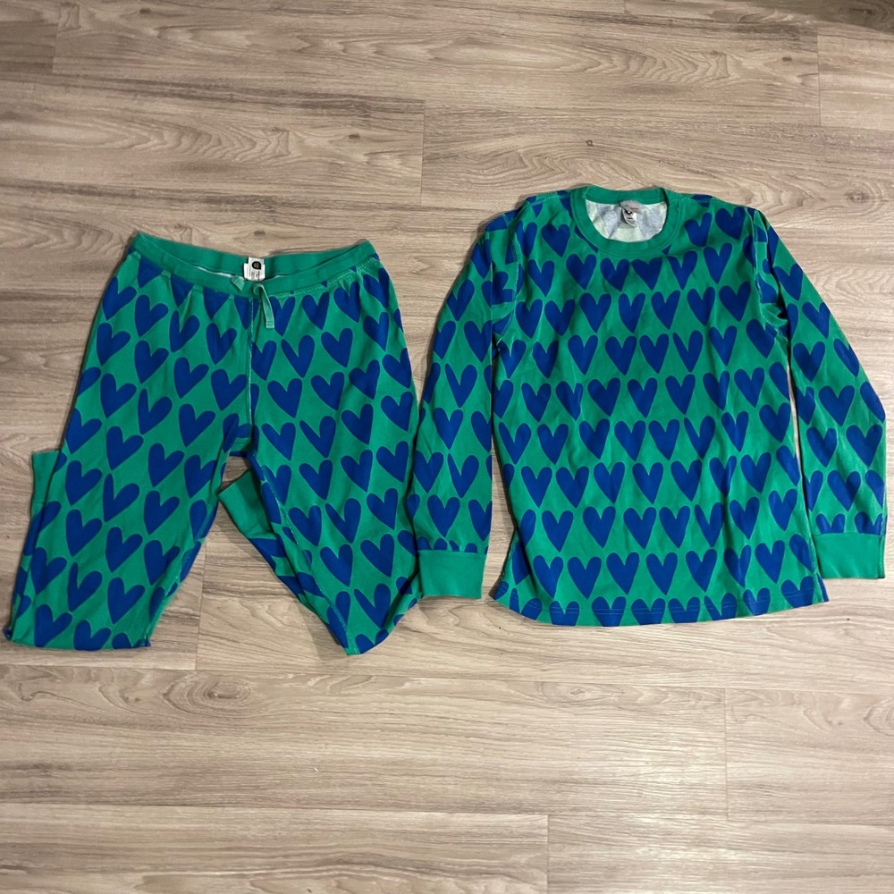 Hanna Andersson Womens Green Heart Pajama Set Organic Cotton Loungewear